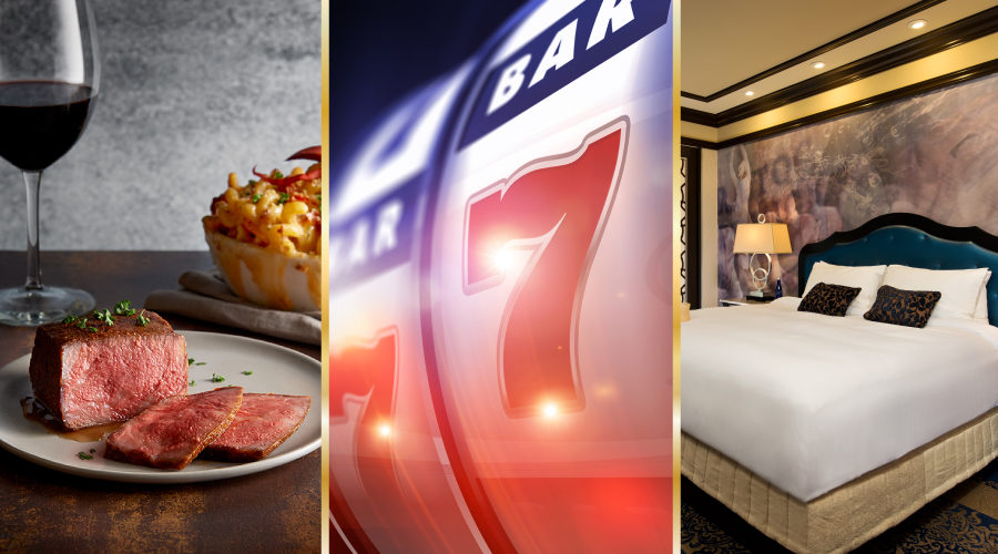 Steak dinner from Morton's, slot reel and king hotel room