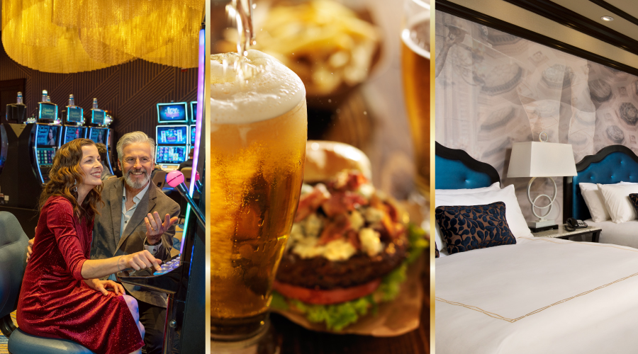 Casino, beer, hamburger and hotel room