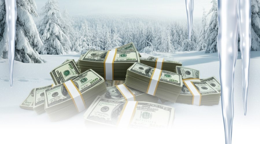 A pile of money in a frozen winter forest scene.