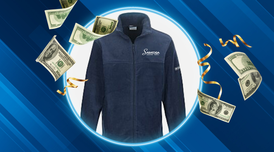 Blue fleece sweater with money flying around.