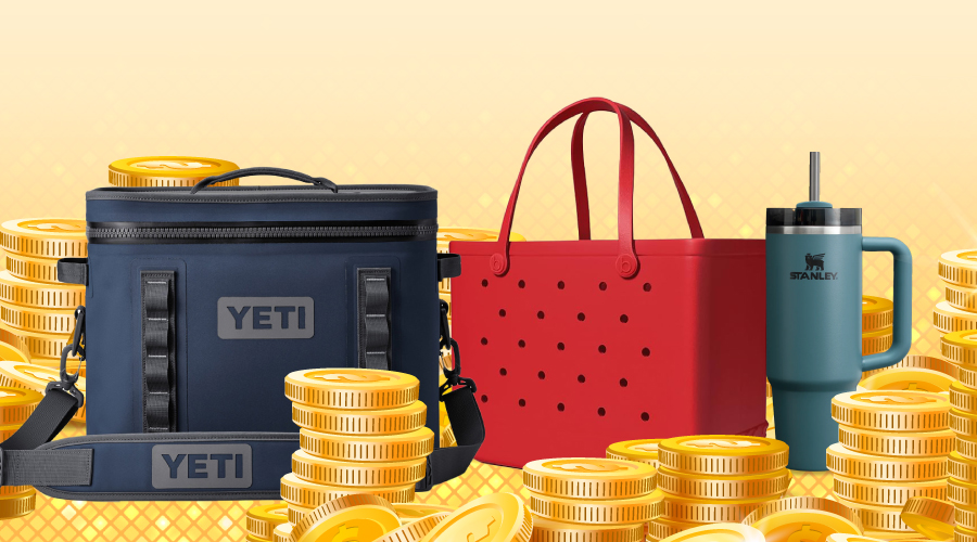 Yeti cooler, Bogg bag and Stanley tumbler surrounded by gold coins.