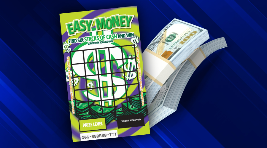 Easy Money scratch off lottery ticket and a stack of money.